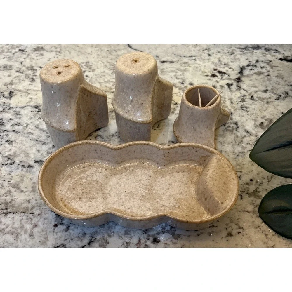 Vintage Israel Salt and Pepper Nurit Pottery Abstract MCM Toothpick Holder Caddy